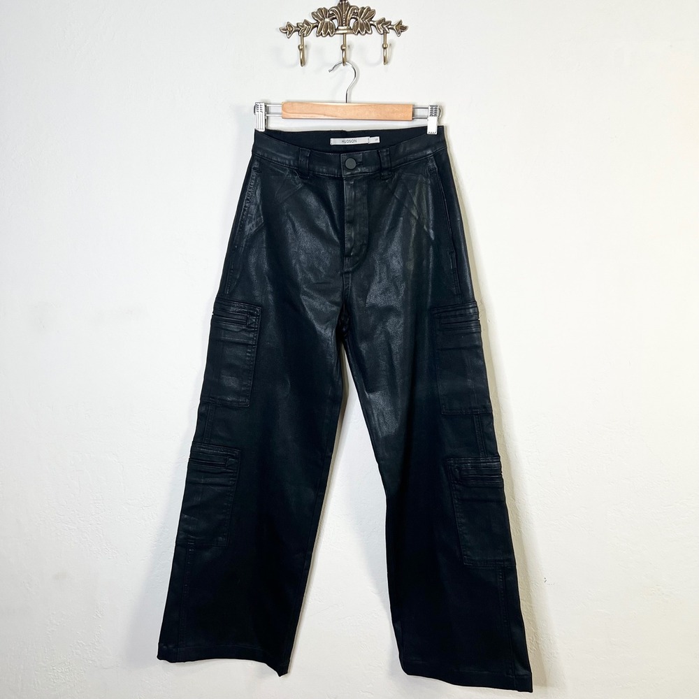 Hudson High-Rise Welt Pocket Cargo Wide Leg Coated Black‎ Beauty Jeans 27 w/Tag